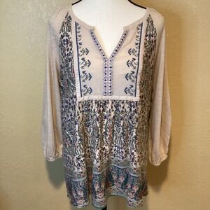 Vintage America Split Neck Beige Tunic‎ Shirt, Embroidered Floral Print
